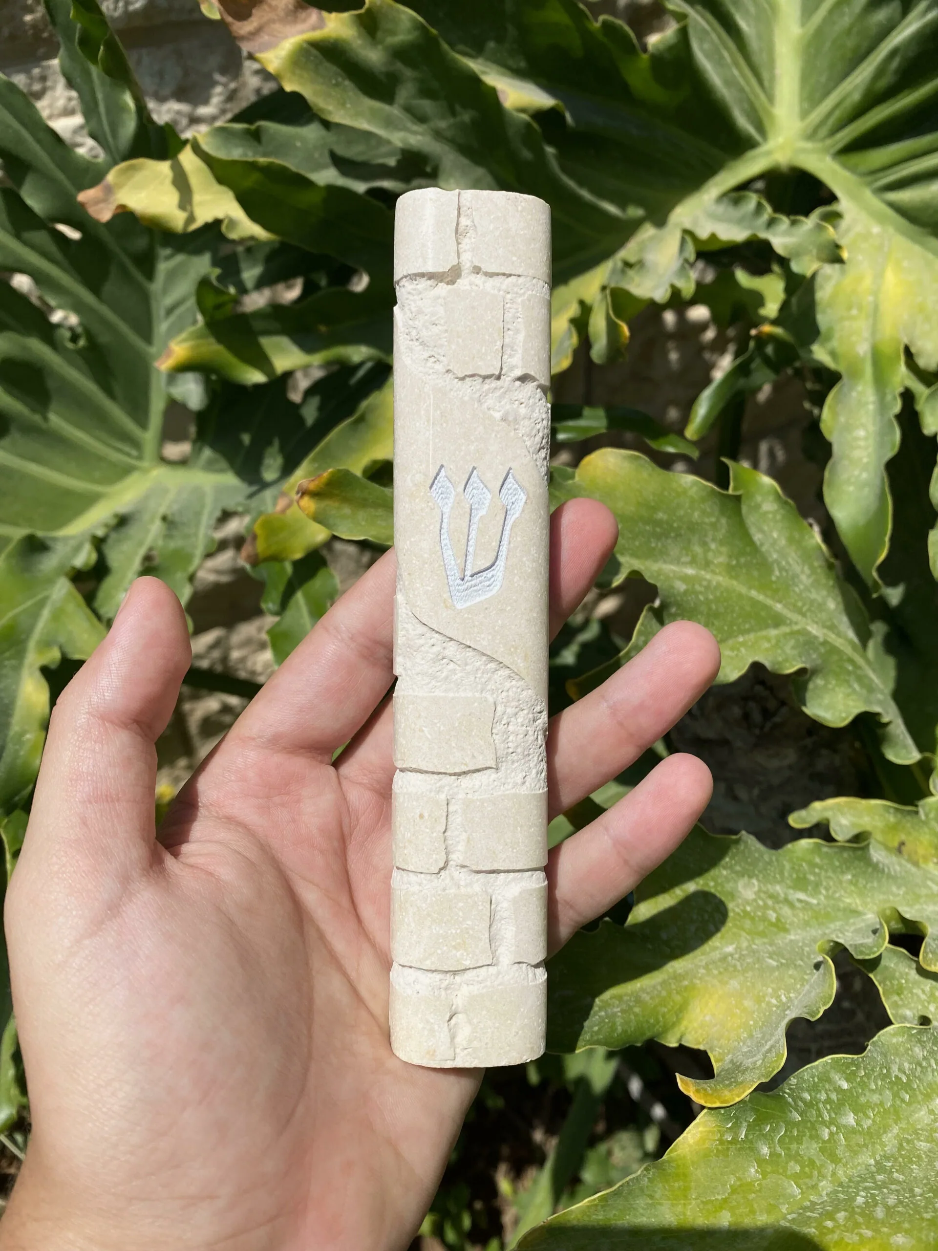 Jerusalem stone mezuzah case - Beige Rounded Wave, handmade in Jerusalem (view 2)