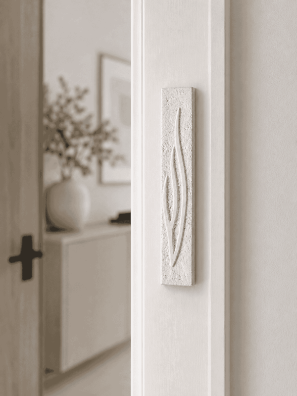 Jerusalem stone mezuzah case - White Built Shin, handmade in Jerusalem (view 2)