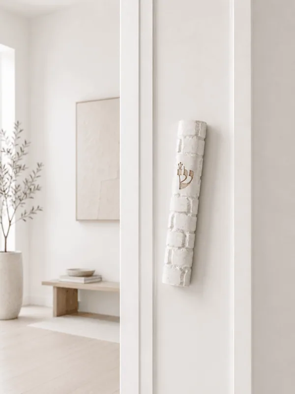 Jerusalem stone mezuzah case - White Rounded, handmade in Jerusalem (view 2)