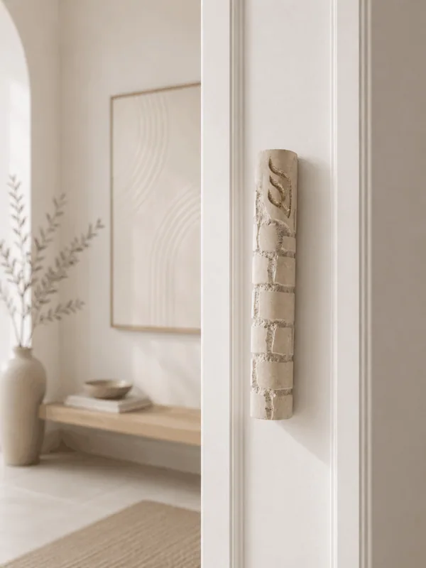 Jerusalem stone mezuzah case - Beige Rounded Side Shin, handmade in Jerusalem (view 2)