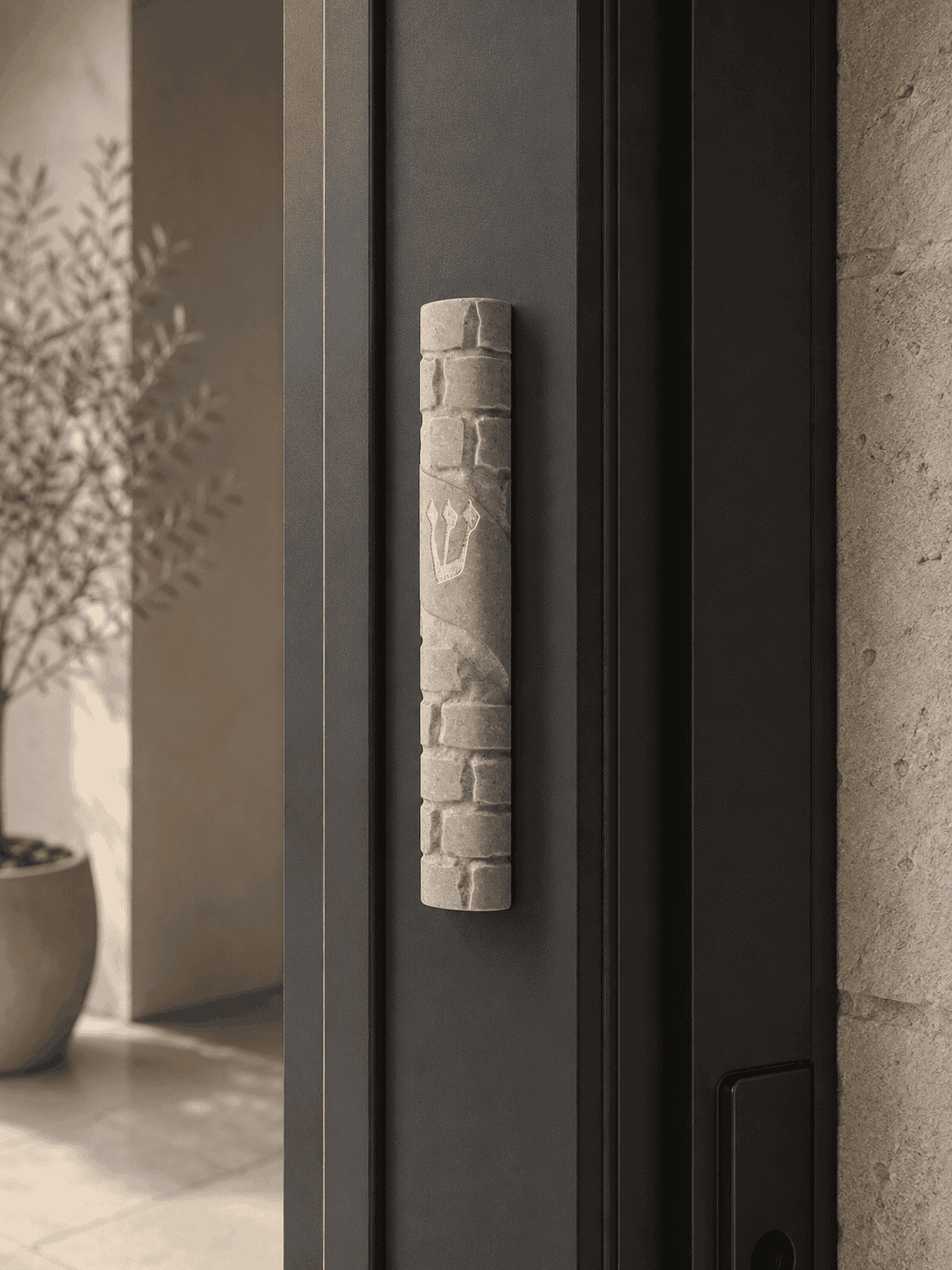 Jerusalem stone mezuzah case - Gray Rounded Wave, handmade in Jerusalem (view 2)