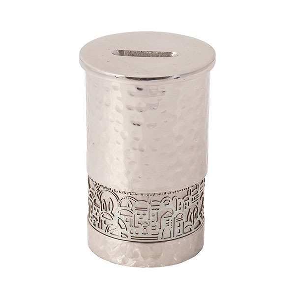 Alternative view of Hammered Anodized Tzedakah Box - Bonze Cutout Jerusalem - Silver