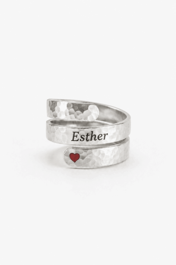 Personalized Sterling Silver Spiral Name Ring with Red Heart – Handmade Custom Hebrew Ring