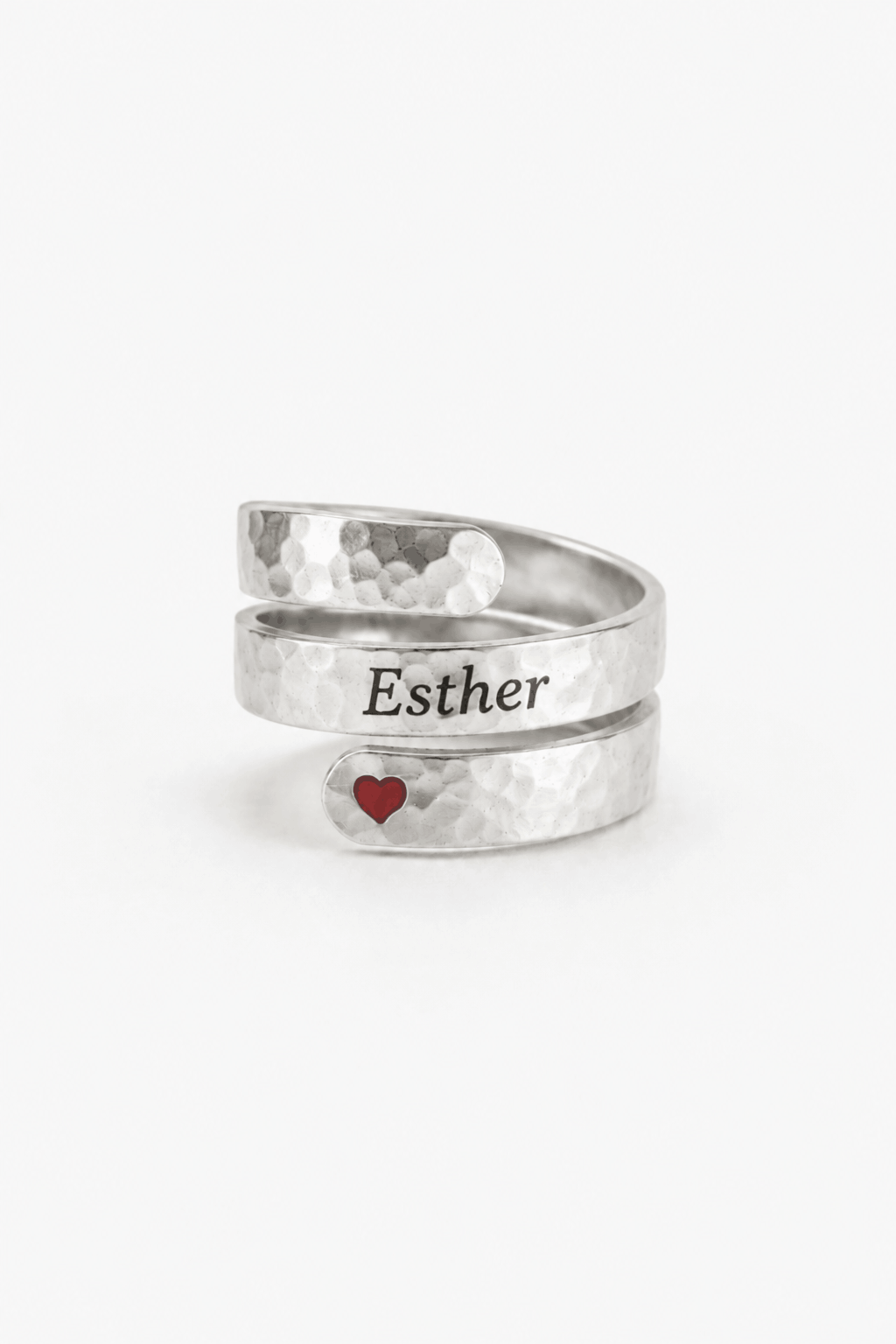 Personalized Sterling Silver Spiral Name Ring with Red Heart – Handmade Custom Hebrew Ring