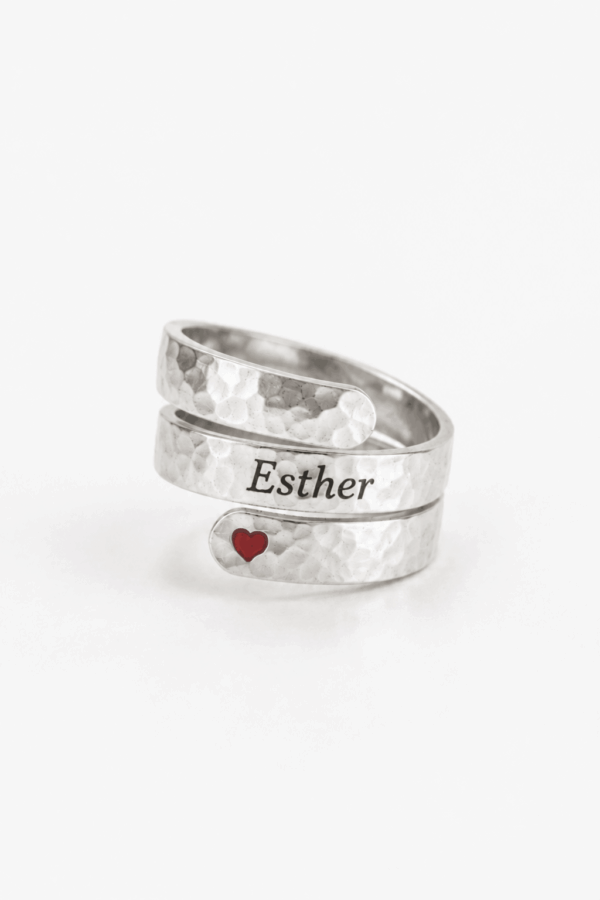 Personalized Sterling Silver Spiral Name Ring with Red Heart – Handmade Custom Hebrew Ring