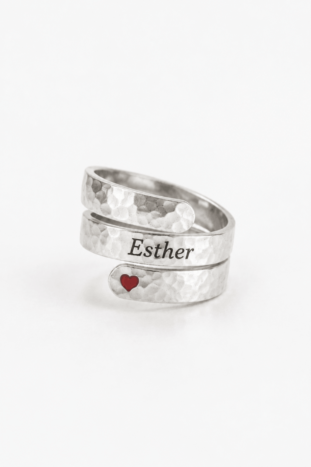 Personalized Sterling Silver Spiral Name Ring with Red Heart – Handmade Custom Hebrew Ring